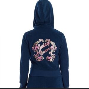 Juicy Couture Velour Hoodie Zip Up Juicy Embellished Logo On Back Navy Blue Sz L